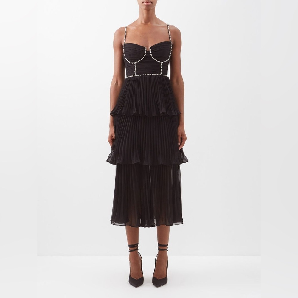 Self-Portrait black pleated diamante crystal bustier tiered midi chiffon dress 6 - Picture 5 of 14